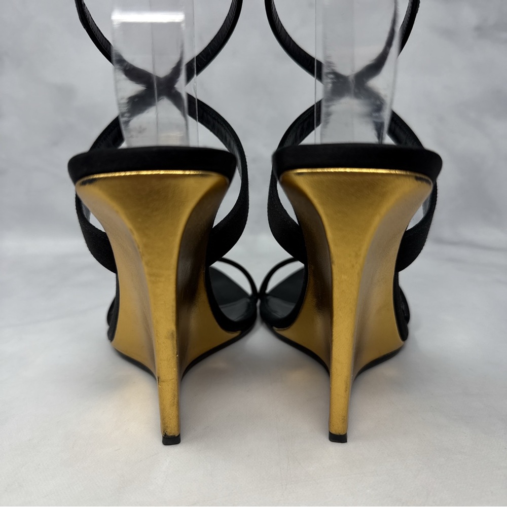 Saint Laurent Salome 110 Silk Satin Metallic Leather Wedge Sandal Heels Black - Picture 9 of 16